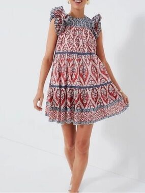 Ash & Eden Red Olga Mini Lace Dress size XL 100% Cotton Tiered Made in India